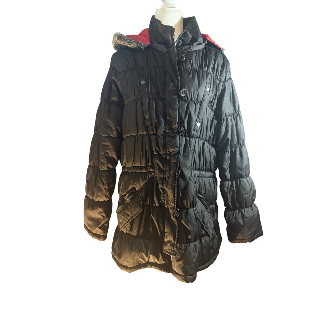 Urban Republic Black Puffer Jacket Faux Fur Hood Red Lining Womens 2X